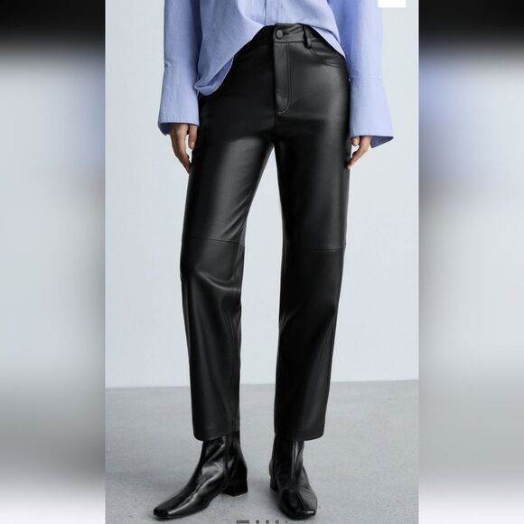 Mango Leather-effect Straight Black Pants Size 6 - Picture 13 of 14